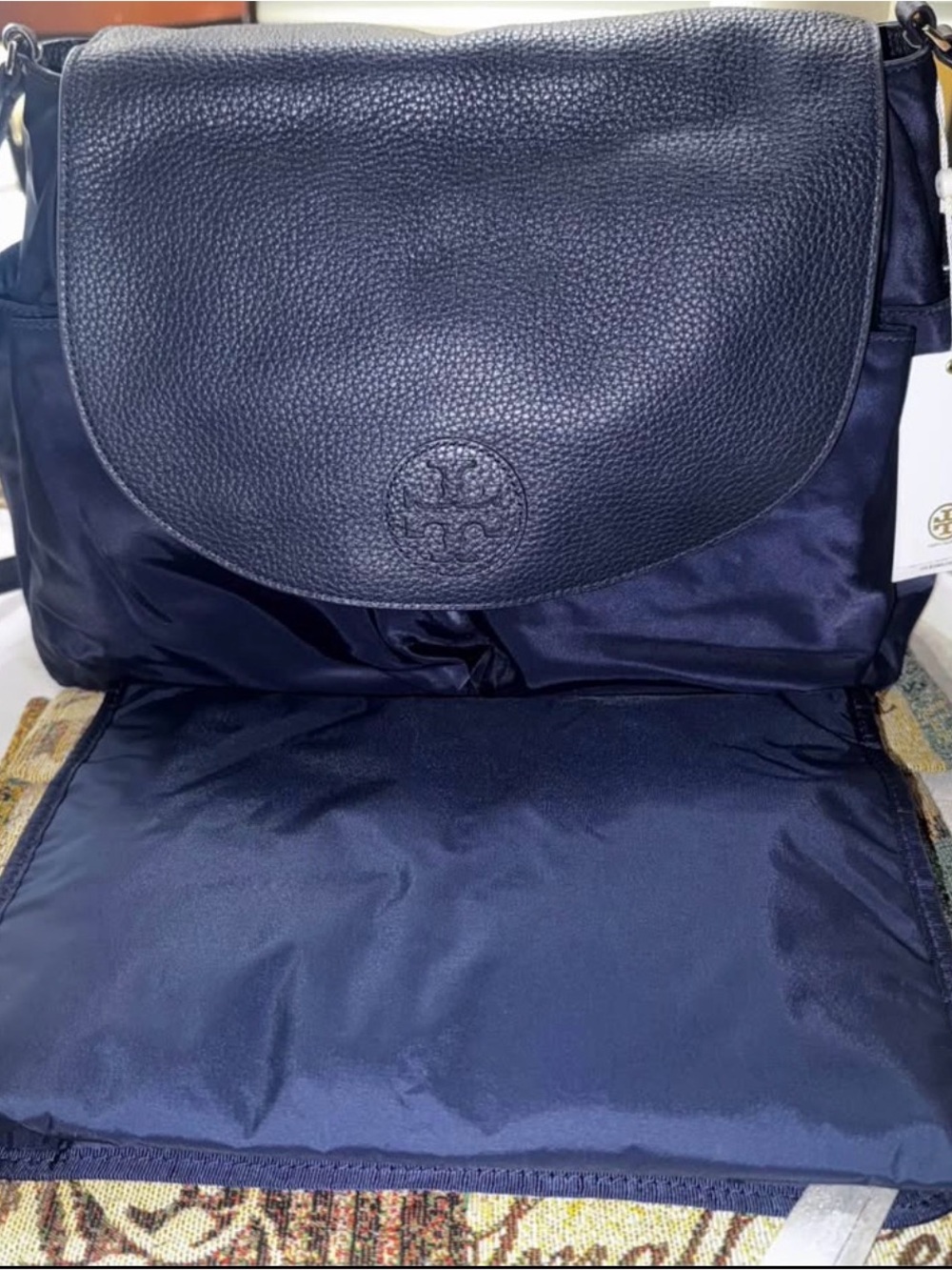 Tory Burch Navy Pebbled Leather Flap Baby Messenger Bag